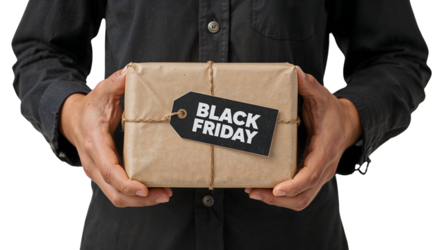 Black friday gift box held by hands with brown paper wrapping and tag, holiday sale, shopping, discount, special offer, isolated
