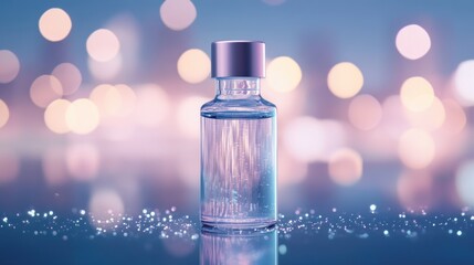 Close-up of a vial containing liquid, with bokeh lights creating a soft background