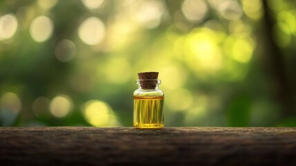 Golden essence in a bottle resting on aged wood with ethereal green backdrop showcasing organic