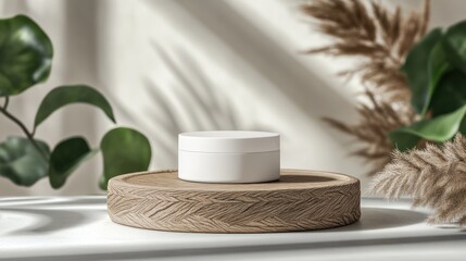 Product Mockup Display on Wooden Podium with Decorative Plants and Shadows