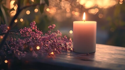 A warm candle illuminating a table with soft flower petals and a bokeh backdrop