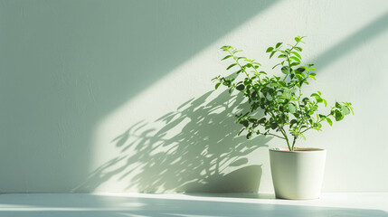 Minimalist indoor plant in a white pot placed against a soft green wall, with natural sunlight casting beautiful shadows, creating a calming, fresh, and modern home decor atmosphere full of serenity.