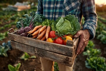 A farmer holds a wooden crate overflowing with freshly harvested organic vegetables in a garden