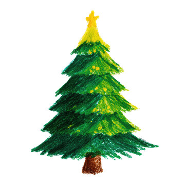 Simple Hand-Drawn Green Christmas Tree with Yellow Top and Highlights