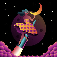 Retro Woman on Rocket with Moon Vector Illustration.
