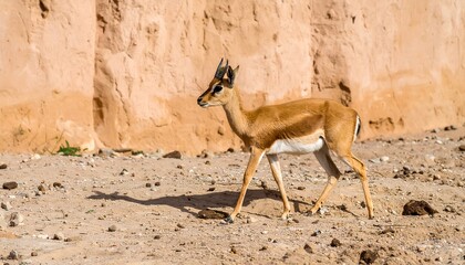 A small antelope walks in the desert
