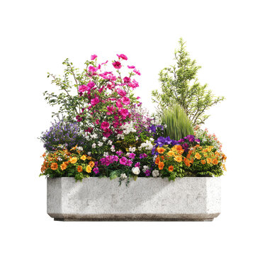 Abundant Colorful Flowers in a Hexagonal Concrete City Planter