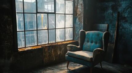 Fototapeta premium Sunlit Chair In an Abandoned Industrial Room with a Grungy Window