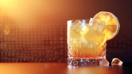 A refreshing iced beverage in a clear glass filled with crushed ice, layered with golden and red hues, topped with a lemon slice, symbolizing coolness, summer delight, and vibrant refreshment.