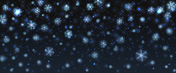Obraz premium Realistic vector illustration of falling snowflakes with bokeh light effect on transparent background. Winter holiday and Christmas overlay for decoration, texture, poster, cover, or festive