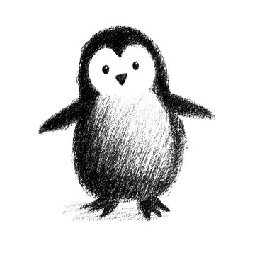 Cute hand drawn black and white penguin doodle in crayon style