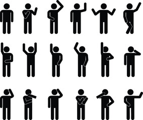  Vector illustration of stick figure people showing different hand gestures, arm positions, waving, pointing, greeting, body language, communication, silhouette icons for design
