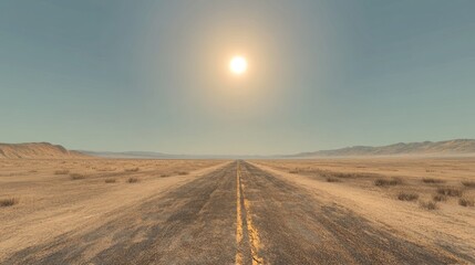 Naklejka premium Endless desert highway under a hazy sun offers a sense of desolation and distance