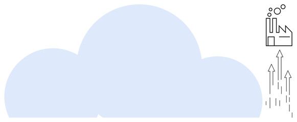 Large cloud graphic with factory emitting ideas and upward arrows. Ideal for technology, industry, growth, innovation, sustainability, data, development, simple flat metaphor