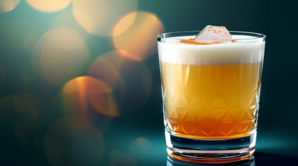 A refreshing iced beverage in a clear glass filled with crushed ice, layered with golden and red hues, topped with a lemon slice, symbolizing coolness, summer delight, and vibrant refreshment.