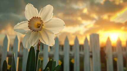 Beautiful white daffodil blooming in front of a rustic white picket fence, illuminated by the golden glow of a breathtaking sunset sky, symbolizing peace, hope, nature’s beauty, and timeless charm.