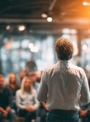 Fototapeta premium Speaker addressing a blurred audience in a sunlit hall. Back view of person speaking
