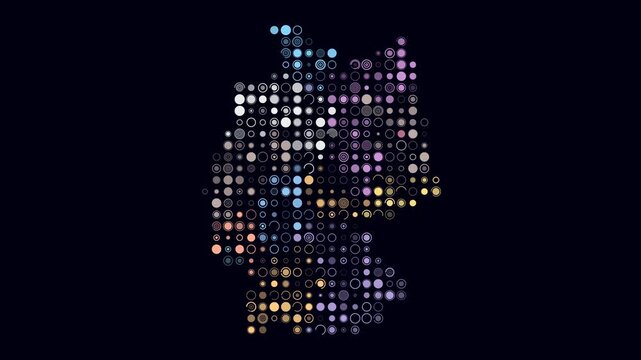 Germany map animation. Shape of the country with pulsating colored dots. Large size circle blocks. Digital style Germany map on dark background. Creative video.