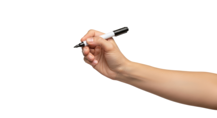 a hand poised to write black marker, blank canvas, limitless potential, isolated on transparent background