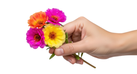 a hand offers vibrant moss rose blooms a burst of joyful spring colors, isolated on transparent background