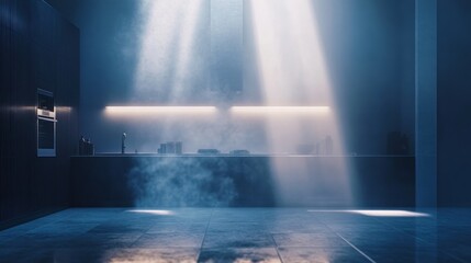Ethereal kitchen bathed in light: A modern and surreal culinary space with atmospheric steam