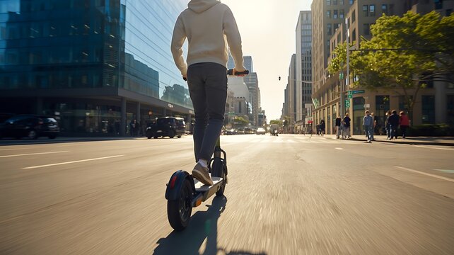 Urban commuter riding electric scooter in city street at sunset, symbolizing eco-friendly transport.