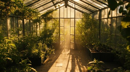 Botanical sanctuary interior, sunlight filtering through greenhouse glass, lush plants thrive in