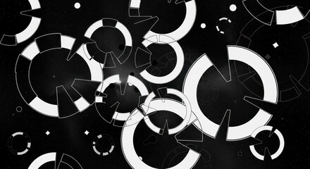 Abstract monochrome background featuring dynamic circular segments and cosmic dust elements