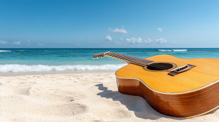Close up of acoustic guitar on sandy beach with ocean waves and clear blue sky