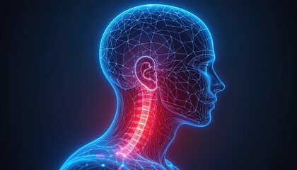 Stunning visualization of spinal pain with glowing red inflammation on human head model for medical illustration
