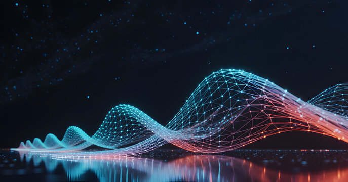 Digital Data Wave: A vibrant visualization of data waves, with interconnected points and dynamic movement against a dark backdrop.