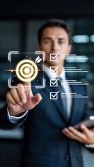 Businessman using digital interface to set business goals and complete checklist for productivity and target achievement.