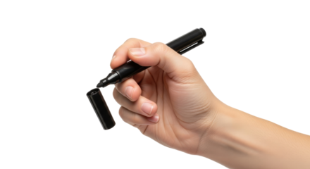 a hand poised to write black marker, blank canvas, new ideas await, isolated on transparent background