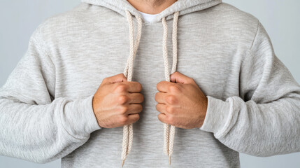 Cozy hoodie with drawstrings, hands gripping fabric, casual style, neutral color