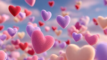 Floating, textured hearts in various pastel shades against a cloudy sky