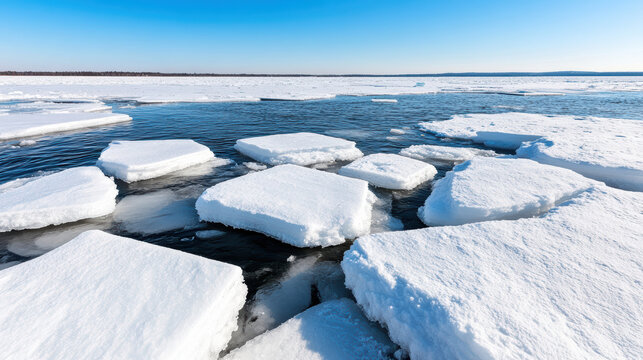 Floating ice chunks create serene winter landscape on calm water, reflecting clear blue sky