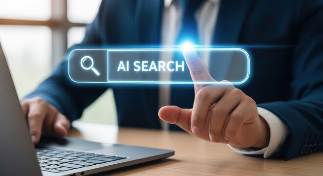 Businessman using AI search interface on futuristic touchscreen over laptop.