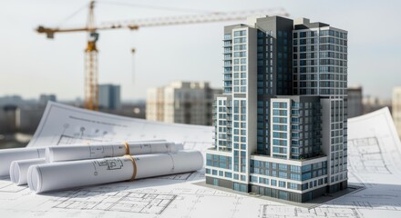 Architectural blueprint and building model with construction cranes in urban development planning.