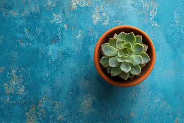 Succulent in terracotta pot on teal background