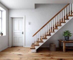 A charming entryway showcases a light-filled space with wooden stairs and a simple wooden table, perfectly illustrating a serene and tranquil atmosphere.