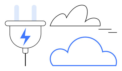 Power plug with lightning icon and outlined clouds signify energy transfer, cloud storage, and eco-tech. Ideal for technology, sustainability, energy, cloud computing, innovation, digital solutions
