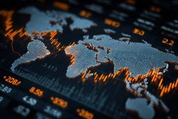 Digital world map overlayed with orange financial data and graphs