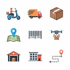 Delivery service icons set: scooter, truck, drone, boxes, warehouse, map, barcode