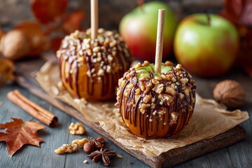 Caramel apples with chocolate drizzle and nuts on rustic wooden table. Homemade caramel apples on parchment paper, nuts and chocolate drizzle