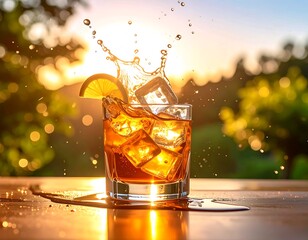 A refreshing iced beverage with a dynamic splash, garnished with citrus, set against a beautiful golden hour sunset background outdoors