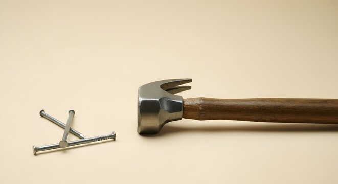 A classic claw hammer lies beside several steel nails, some arranged in an abstract form, on a neutral background representing construction and DIY concepts
