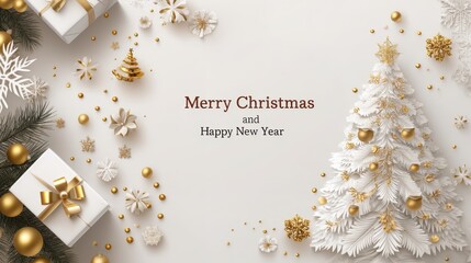 Christmas winter composition in paper cut style, vector illustration, layered paper art, snowflakes, pine trees, reindeer, gift boxes, cozy houses with smoke, decorative ornaments, hand lettering text