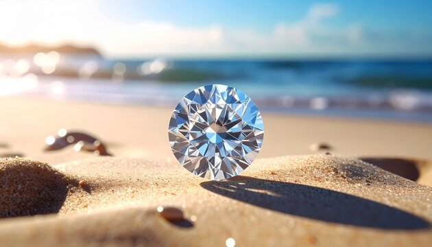Natural Solitaire Diamond Shining on Beach on Curvy Sand with Sea Rocks Around and Ocean Water on Background