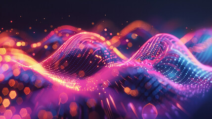 Vibrant neon waves of pink and blue light flow gracefully across a dark background, symbolizing energy, technology, creativity, futuristic design, and the mesmerizing elegance of abstract motion in di