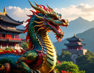 Fototapeta premium Dragon in some mountains in China, with lots of color in the style of Chinese drawings. Suitable for country festivals.